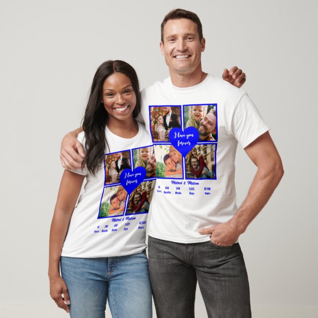Custom Blue 10th Anniversary 4 Foto Collage T-Shirt (Unisex)