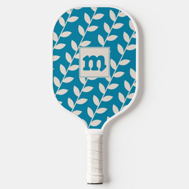 Custom Blue 70er Leaf Muster Monogram Pickleball Schläger (Vorderseite)