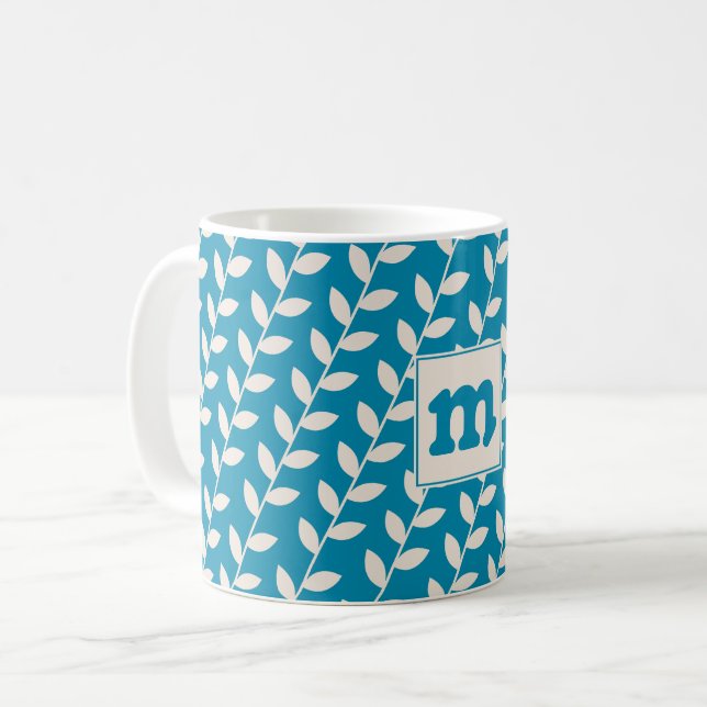 Custom Blue 70er Retro Leaf Muster Monogramm Kaffeetasse (Vorderseite Links)