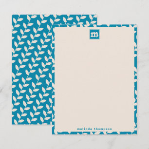 Custom Blue 70er Retro Leaf Muster Monogramm Mitteilungskarte