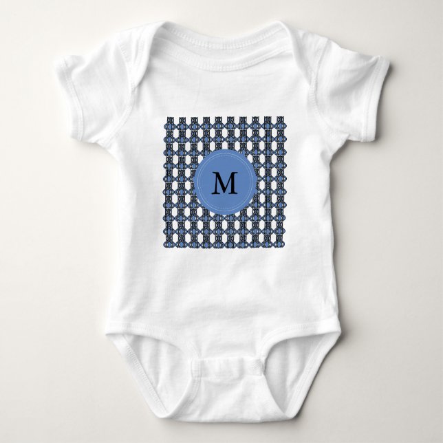 Custom Blue Abstrakt Scarab Muster Monogram Baby Strampler (Vorderseite)