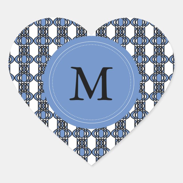 Custom Blue Abstrakt Scarab Muster Monogram Herz-Aufkleber (Vorderseite)