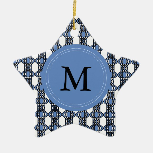 Custom Blue Abstrakt Scarab Muster Monogram Keramik Ornament (Vorne)