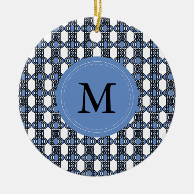 Custom Blue Abstrakt Scarab Muster Monogram Keramik Ornament (Vorne)