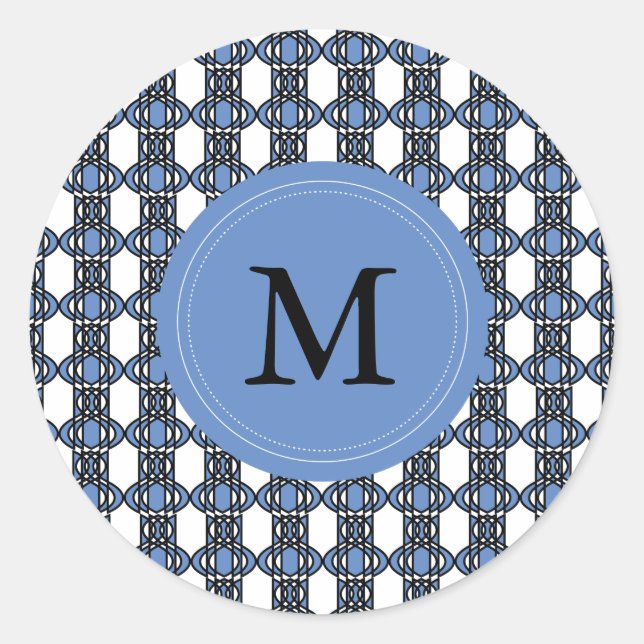 Custom Blue Abstrakt Scarab Muster Monogram Runder Aufkleber (Vorderseite)
