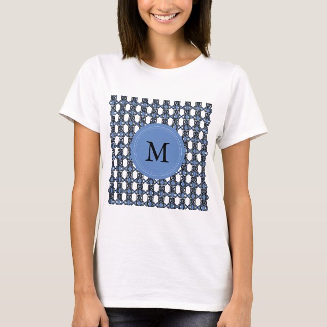 Custom Blue Abstrakt Scarab Muster Monogram T-Shirt (Vorderseite)