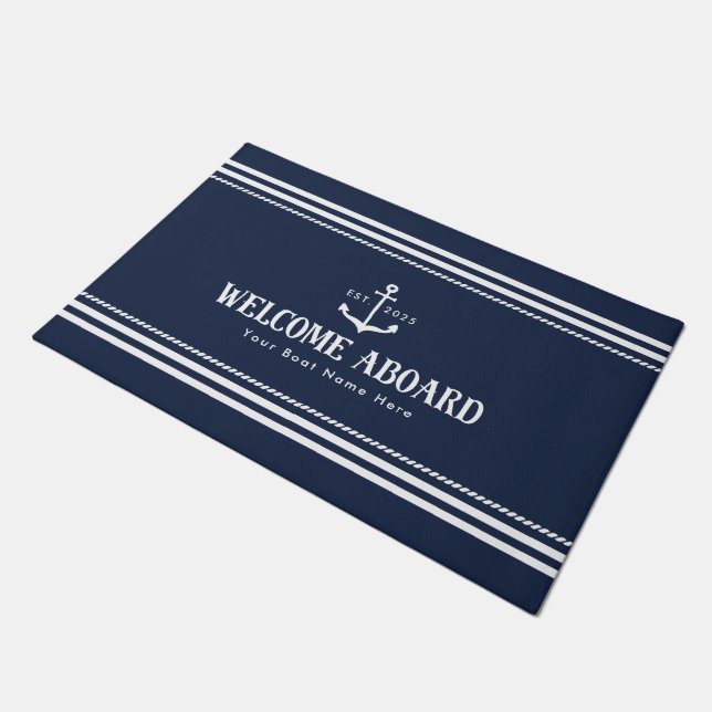 Custom Blue Boat Name Nautical Welcome Aboard Fußmatte (Schrägansicht)