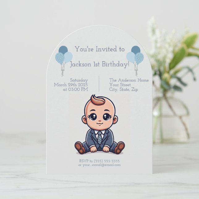 Custom Blue Boss Baby Einladung zum Geburtstag (Stehend Vorderseite)