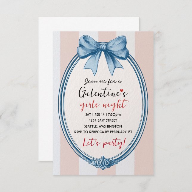 Custom Blue Bow Galentines Party Invitation (Devant / Derrière)