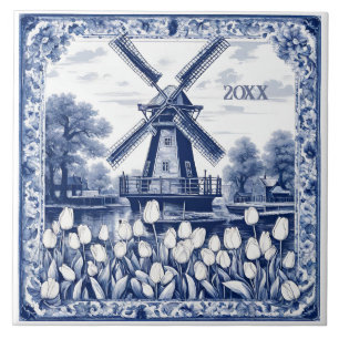 Custom Blue Delft Holland Windmill Fliese