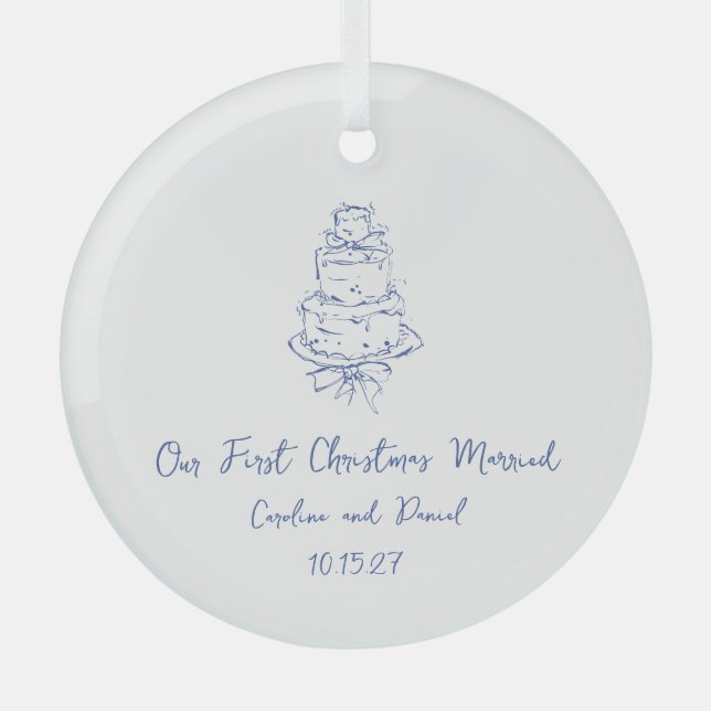 Custom Blue Doodle Cake Erstes Weihnachtsfest Verh Ornament Aus Glas (Vorderseite)