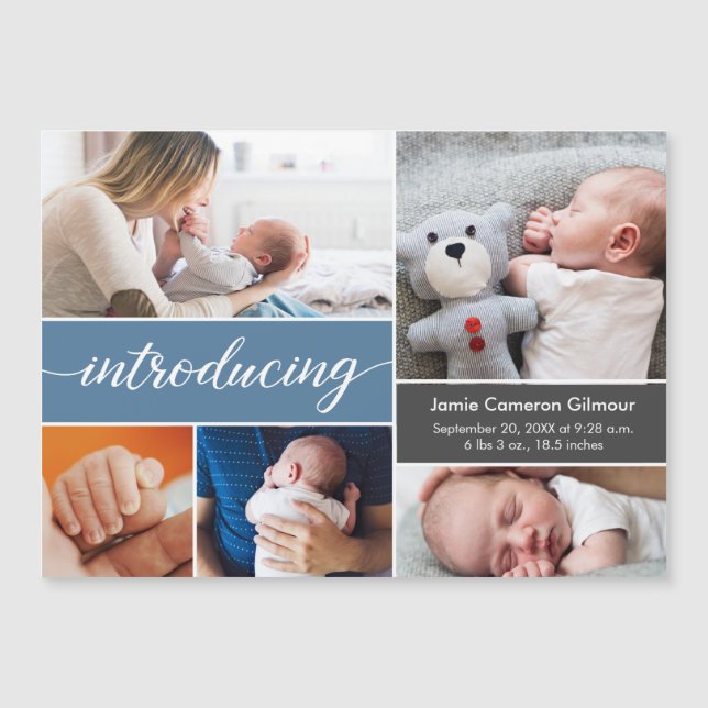 Custom Blue Einführung Baby Foto Collage Stilvoll Magnetkarte (Vorderseite)
