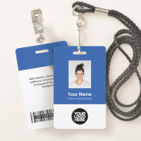 Custom Blue Employee Foto, Bar Code, Logo, Name