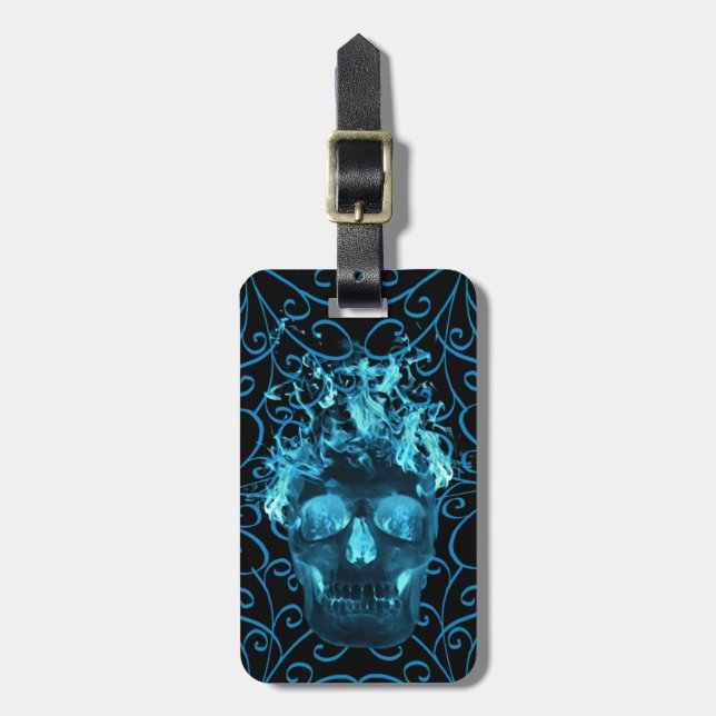 Custom Blue Flame Skull Luggage Tag Gepäckanhänger (Vorderseite vertikal)