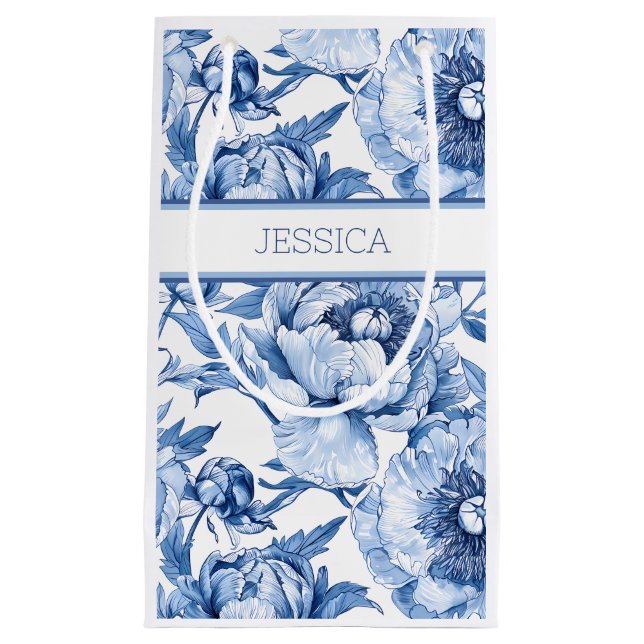 Custom Blue Floral Bridesmaid Peony Botanname Kleine Geschenktüte (Vorderseite)