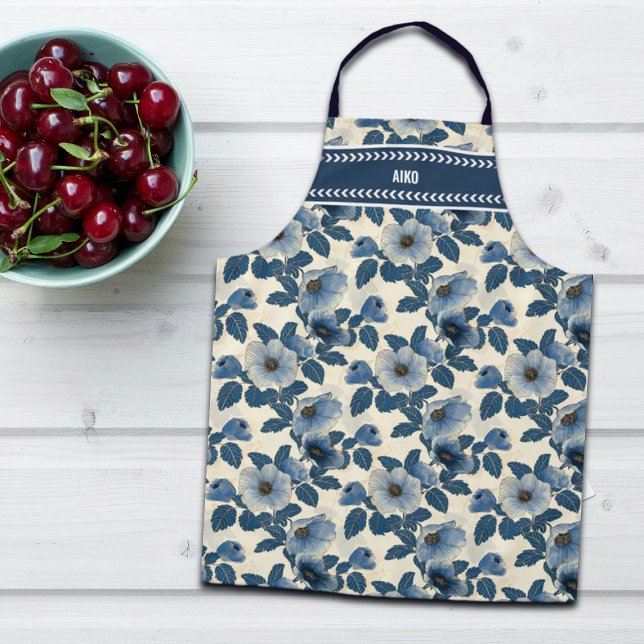 Custom Blue Floral Gold Glitzer Japanisch Ukiyo-e Schürze (Von Creator hochgeladen)