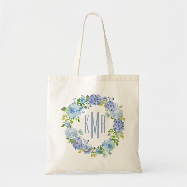 Custom Blue Floral hydrangea Monogram Tote Bag Tragetasche (Vorne)