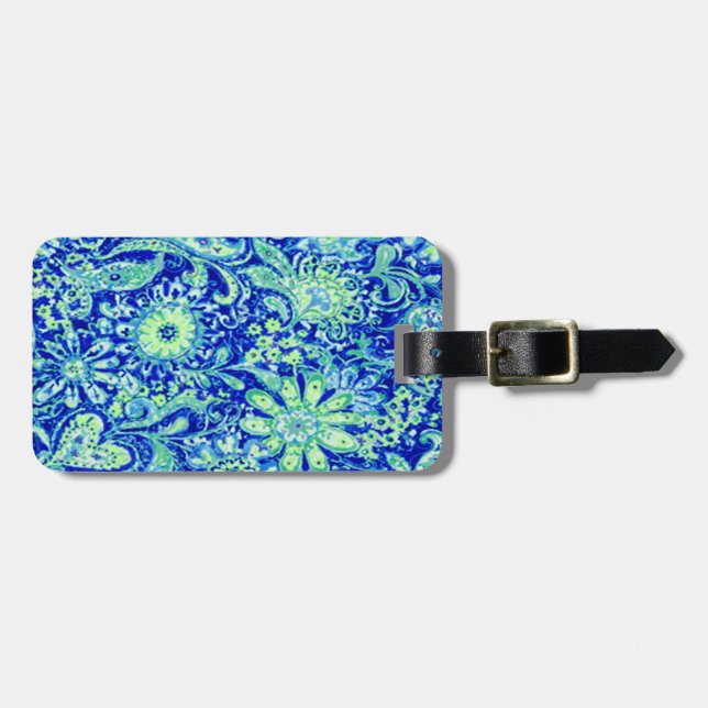 Custom Blue Floral Luggage Tag Gepäckanhänger (Vorderseite horizontal)