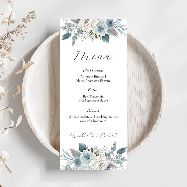Custom Blue Floral Wedding Menu (4"x9") Menükarte (Von Creator hochgeladen)