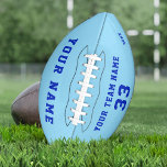 Custom Blue Football mit Name Team Name<br><div class="desc">Custom Blue Football mit Name, Nummer und Teamname. Personalisieren Sie es mit Ihrem Namen, Teamname, Nummer und Jahr - optional. Der Text ist eine trendige weiße Typografie auf blauem Hintergrund. Sie können jeden Text auf dem Fußball ändern oder löschen. Ein perfektes Geschenk für Fußballspieler, Teamkollegen, Trainer, Freunde und Familie. Tolle...</div>