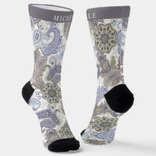 Custom Blue Grey White Paisley Muster Socken