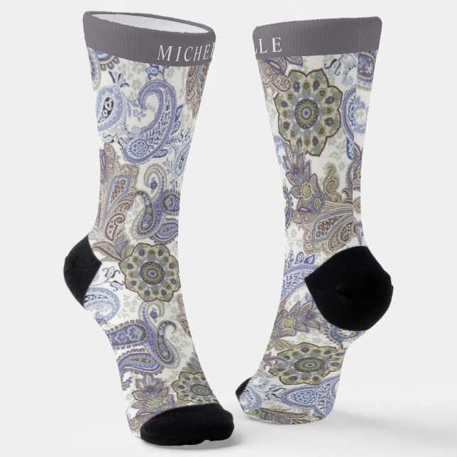 Custom Blue Grey White Paisley Muster Socken (Gewinkelt)