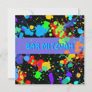 Custom, Blue, Lila Paint Spritzer, Bar Mitzvah Einladung