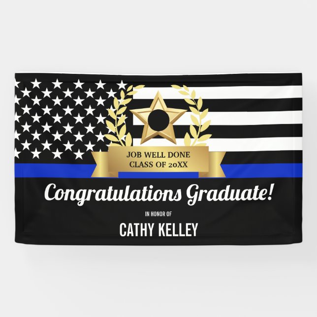 Custom Blue Line Police Academy Graduation Party Banner (Horizontal)