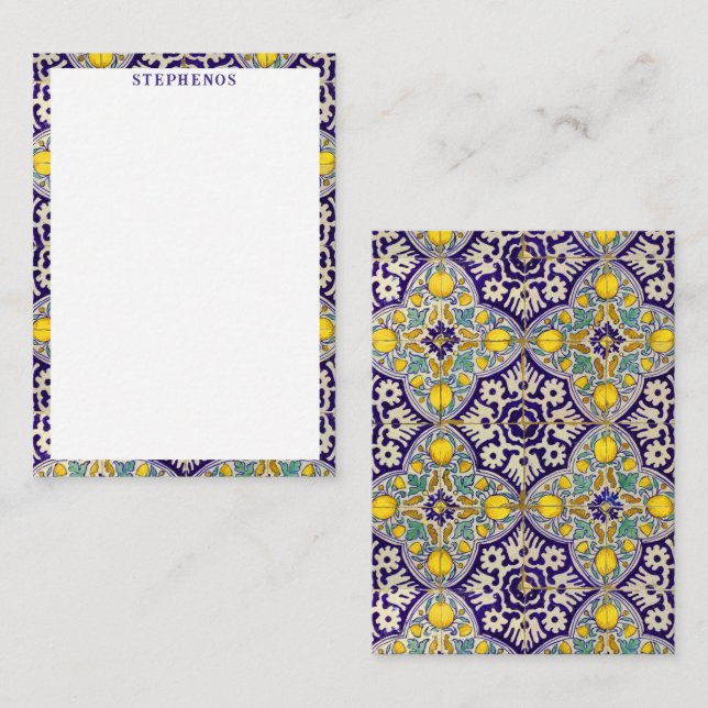Custom Blue Mediterranean Muster Gelbe Blüten Mitteilungskarte (Vorne/Hinten)
