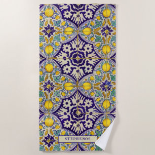 Custom Blue Mediterranean Muster Gelbe Blüten Strandtuch