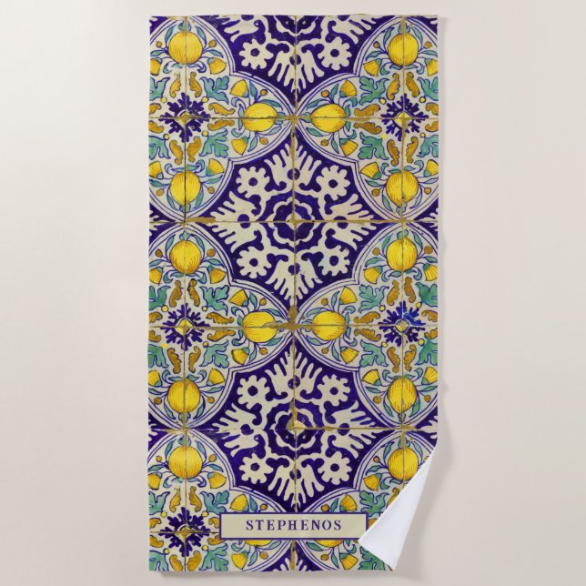 Custom Blue Mediterranean Muster Gelbe Blüten Strandtuch (Vorderseite)