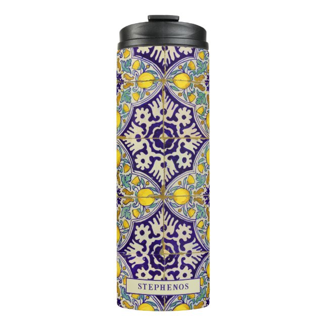 Custom Blue Mediterranean Muster Gelbe Blüten Thermosbecher (Vorderseite)