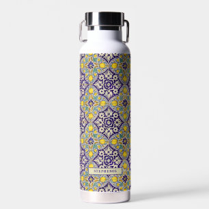 Custom Blue Mediterranean Muster Gelbe Blüten Trinkflasche
