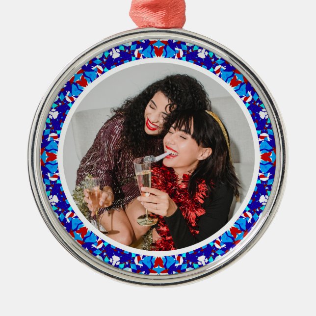 Custom Blue Merry Christmas Happy Winter Foto Ornament Aus Metall (Vorne)
