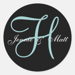Custom Blue Monogram Bride Groom Names Runder Aufkleber