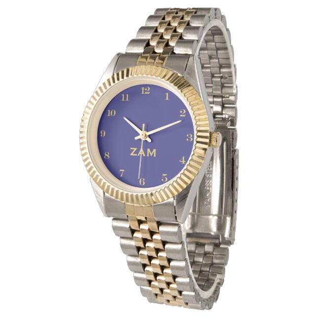 Custom Blue Monogrammed Gold Silver Tone Bracelet Armbanduhr (Schrägansicht)