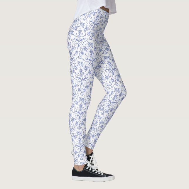 Custom Blue Morning Glory Damask Muster auf Weiß Leggings (Rechts)