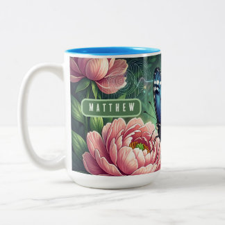 Custom Blue Morpho Butterfly Floral Name Zweifarbige Tasse