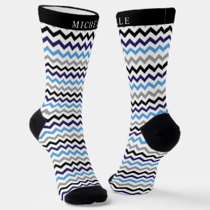 Custom Blue Schwarz-weiß Grau Zickzack Muster Socken