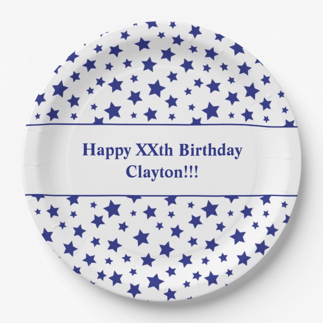 Custom Blue Stars mit Message Birthday Party Pappteller (Vorderseite)