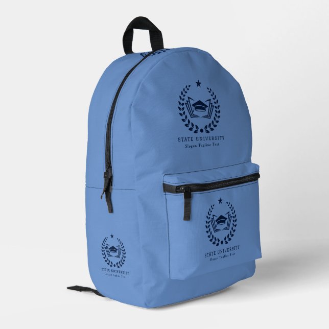 Custom Blue University Logo Light Blue Background Bedruckter Rucksack (Rückseitige Ecke links)