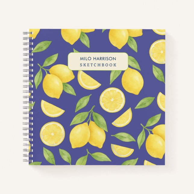 Custom Blue Watercolor Lemon Muster Notizbuch (Vorderseite)