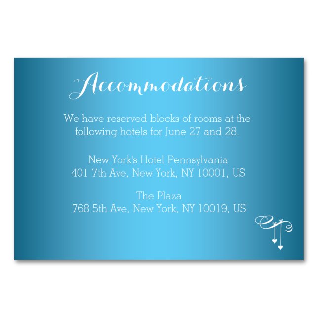 Custom Blue Wedding Unterkunft Card Herz Tischnummer (Vorderseite)