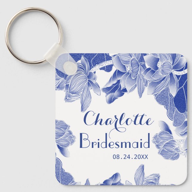 Custom Blue White Floral Bridesmaid Gastgeschenk H Schlüsselanhänger (Vorderseite)