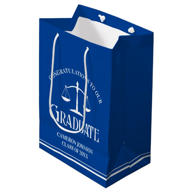 Custom Blue White Law School Graduation Party Mittlere Geschenktüte (Vorderseite Schrägansicht)