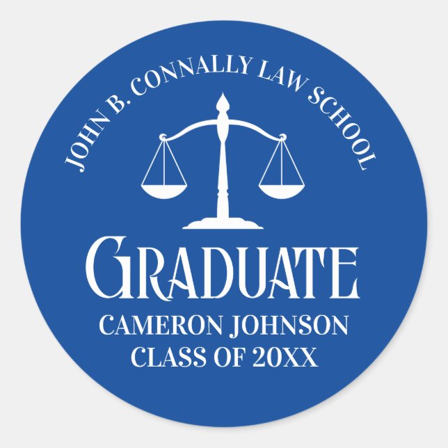 Custom Blue White Law School Graduation Party Runder Aufkleber (Vorderseite)