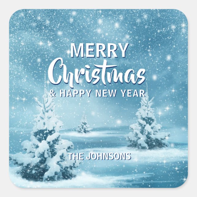 Custom Blue White MERRY CHRISTMAS Tree Winter Quadratischer Aufkleber (Vorderseite)