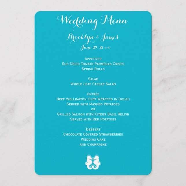 Custom Blue White Seepferd Wedding Menu Menükarte (Vorderseite)