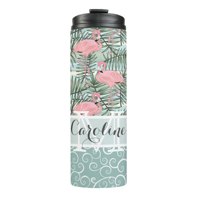 Custom Blush Pink Flamingoes Palm Leafs Muster Thermosbecher (Vorderseite)