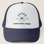 Custom Boat Captain Monogram Gold Laurel Nautical Truckerkappe<br><div class="desc">Custom modern vintage boat hat with cool navy blue nautical lettering reading CAPTAIN,  your monogram in a printed golden laurel,  and your personalized boat name. Great gift for a boating trip,  your own relief boat,  yacht,  or boat crew.</div>